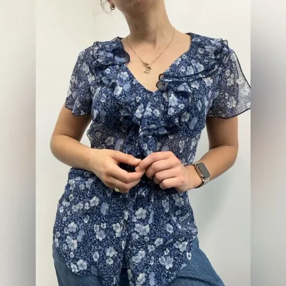 Y2K Oscar De La Renta Blue Floral Ruffle Short Flutter Sleeve Blouse Size 8 - Picture 5 of 14